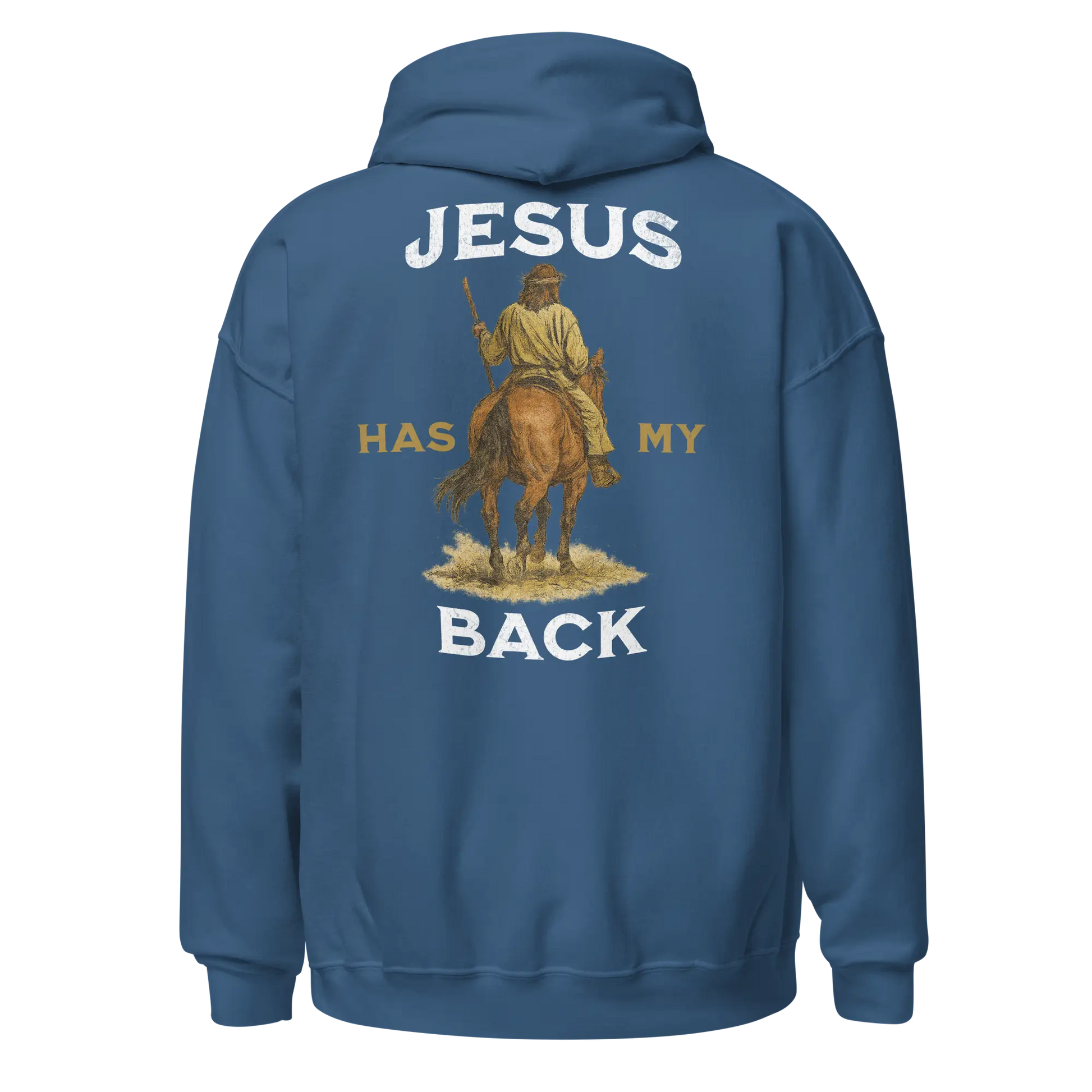jesus has my back indigo blue hoodie