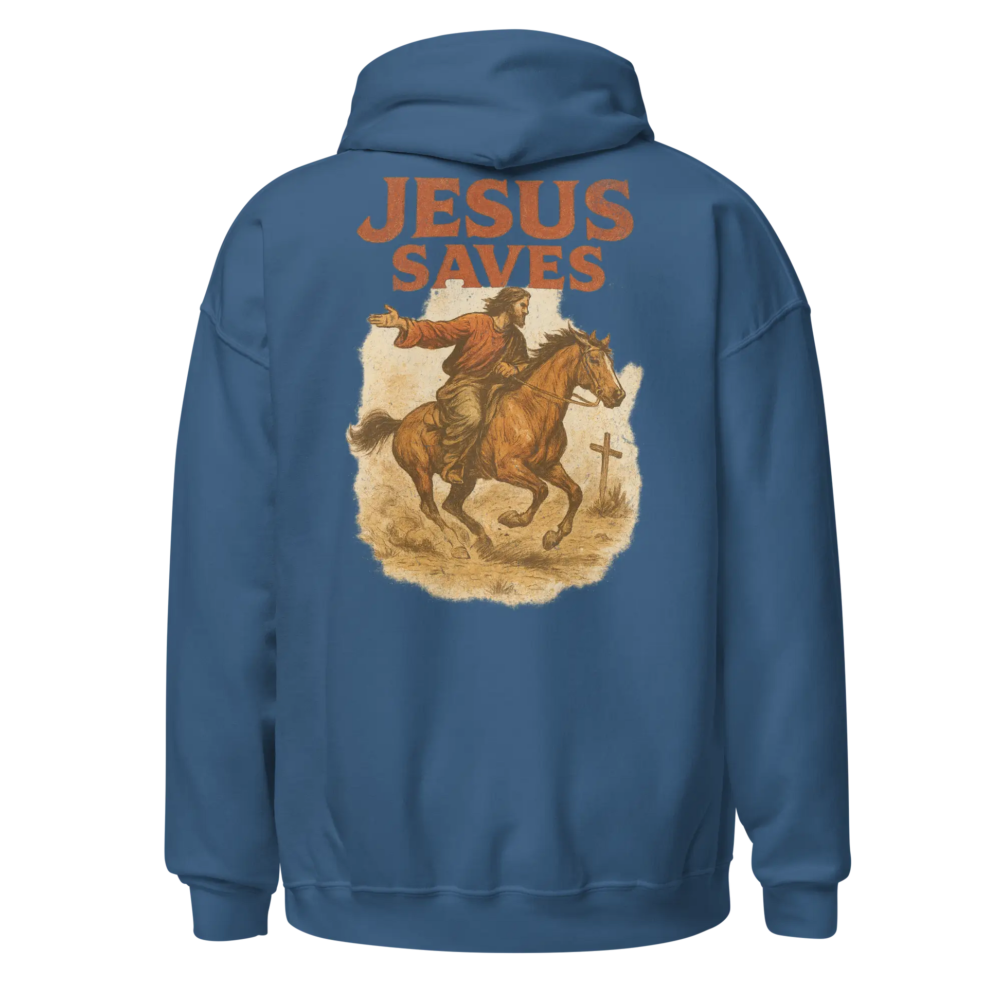 jesus saves indigo blue hoodie