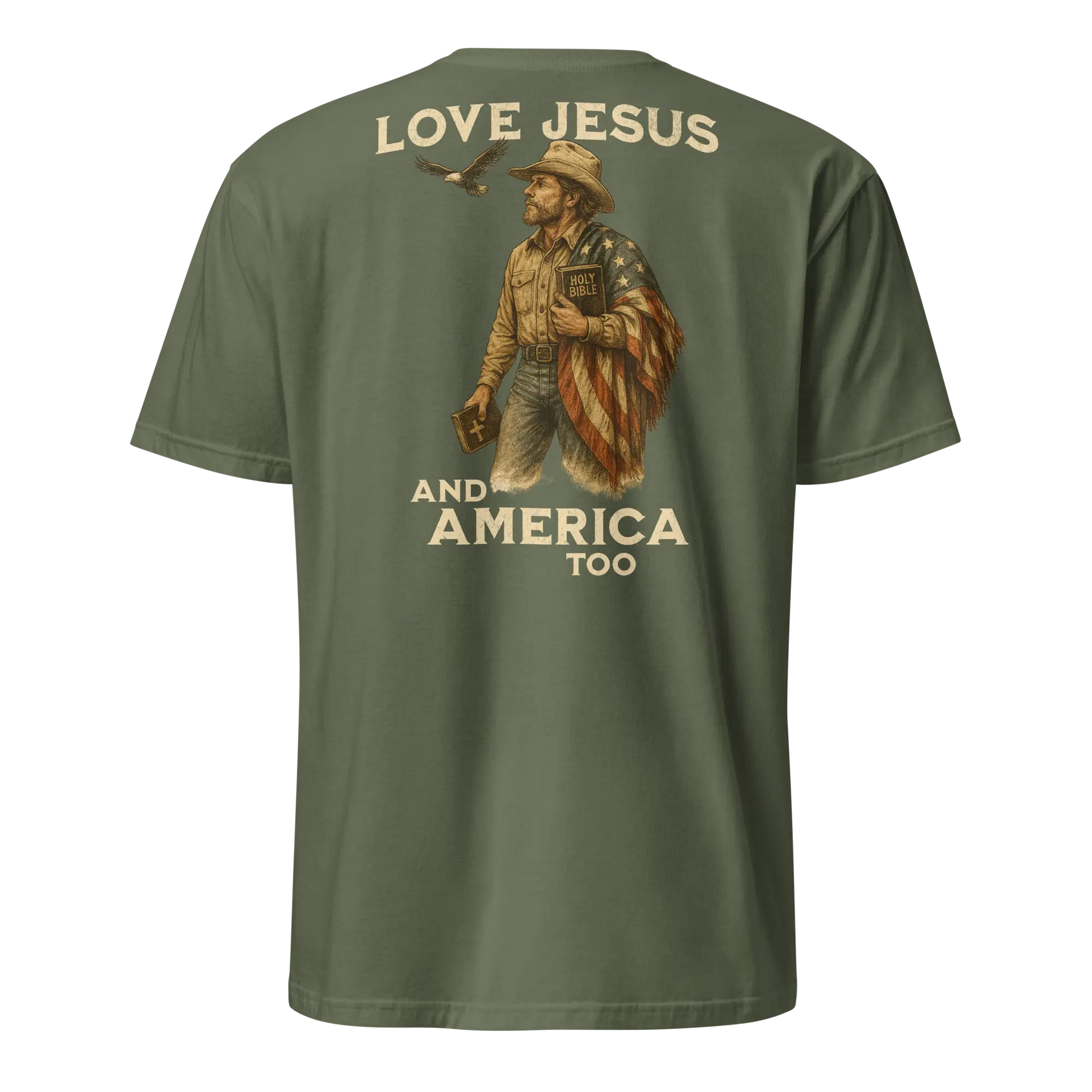 love jesus and america too green shirt