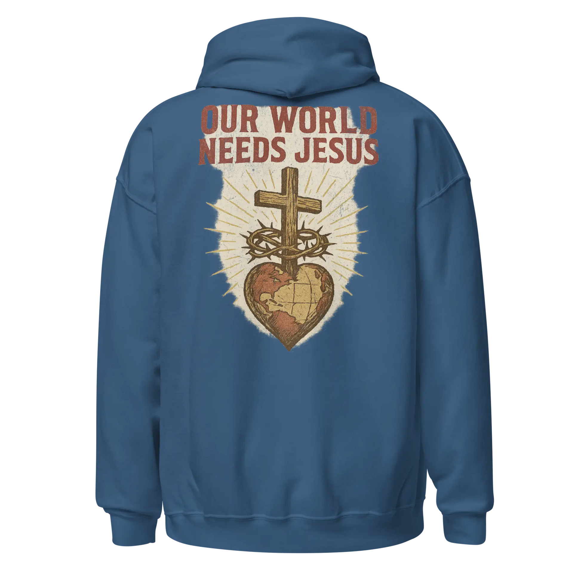 our world needs jesus indigo blue hoodie